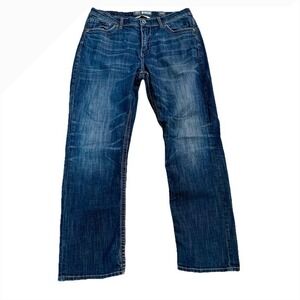 BKE Tyler Straight Leg Jeans Mens 34R (34x31) Dark Blue Denim Distressed Hem